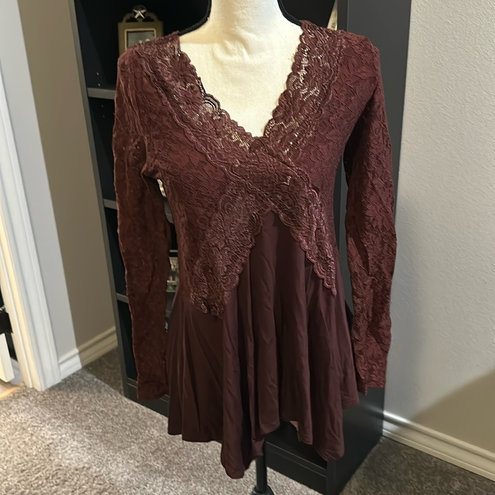Long sleeved, maroon, part lace top